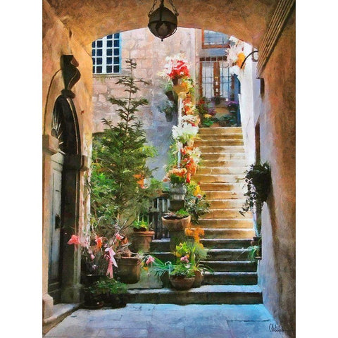 Steps with Flowers Gold Ornate Wood Framed Art Print with Double Matting by Medeiros, Celito