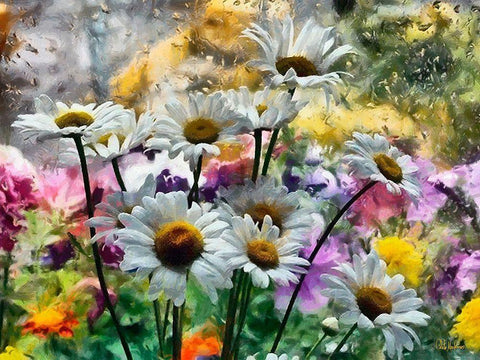Daisies in the Wind Black Ornate Wood Framed Art Print with Double Matting by Medeiros, Celito