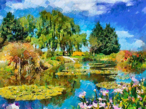 Lake with Green Trees White Modern Wood Framed Art Print with Double Matting by Medeiros, Celito