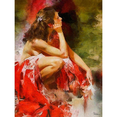 Dreaming Girl in Red Gold Ornate Wood Framed Art Print with Double Matting by Medeiros, Celito