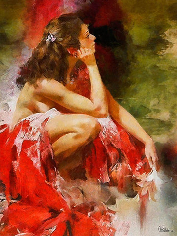 Dreaming Girl in Red Black Ornate Wood Framed Art Print with Double Matting by Medeiros, Celito