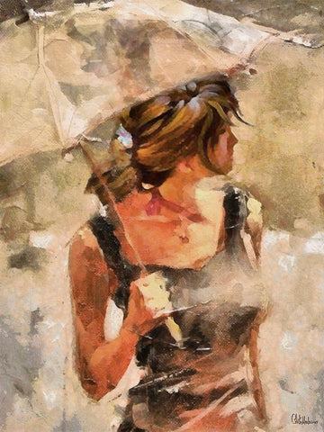 Lady with Umbrella White Modern Wood Framed Art Print with Double Matting by Medeiros, Celito