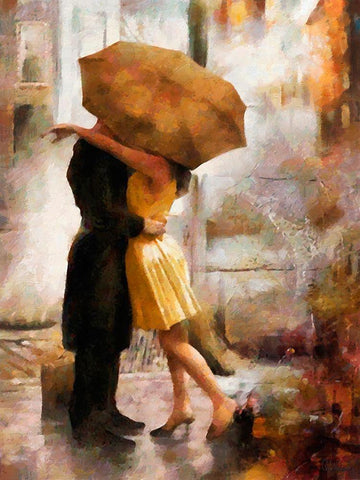 Kiss under brown Umbrella White Modern Wood Framed Art Print with Double Matting by Medeiros, Celito