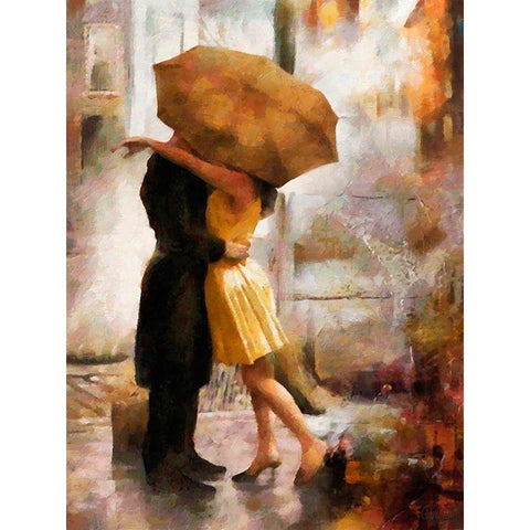 Kiss under brown Umbrella Gold Ornate Wood Framed Art Print with Double Matting by Medeiros, Celito