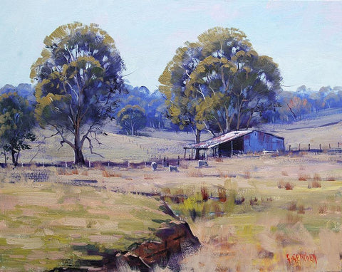 Farm Shed Australia Black Ornate Wood Framed Art Print with Double Matting by Gercken, Graham