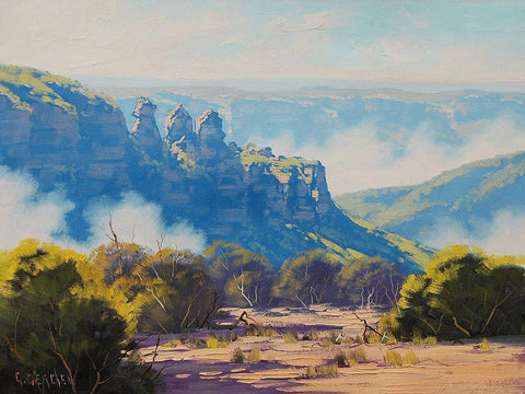 Three Sister Blue Mountains White Modern Wood Framed Art Print with Double Matting by Gercken, Graham
