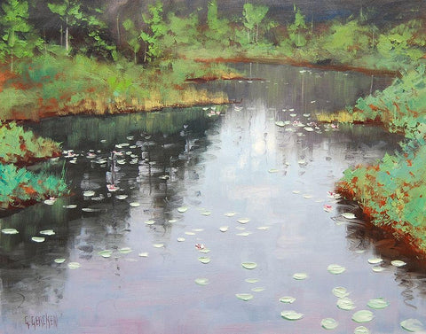 MÃ­sty Lilly Pond Black Ornate Wood Framed Art Print with Double Matting by Gercken, Graham
