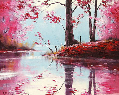 Pink Lake Painting Black Ornate Wood Framed Art Print with Double Matting by Gercken, Graham