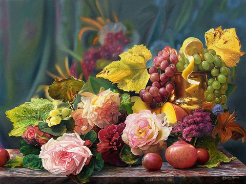 Roses and Grapes Black Ornate Wood Framed Art Print with Double Matting by Kopania, Zbigniew