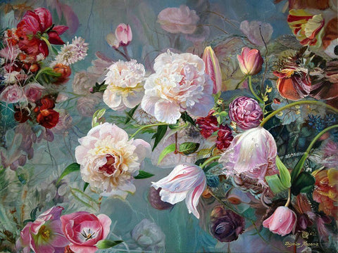 Floral Composition Black Ornate Wood Framed Art Print with Double Matting by Kopania, Zbigniew