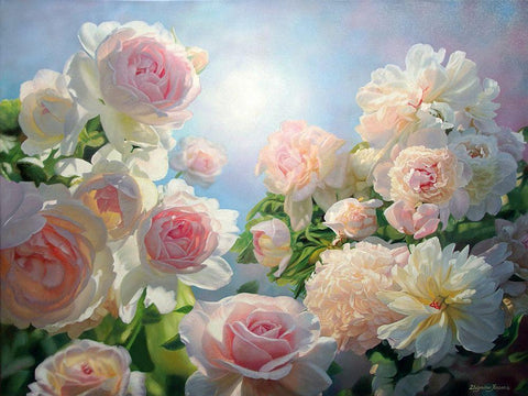 Meeting of Roses and Peonies Black Ornate Wood Framed Art Print with Double Matting by Kopania, Zbigniew