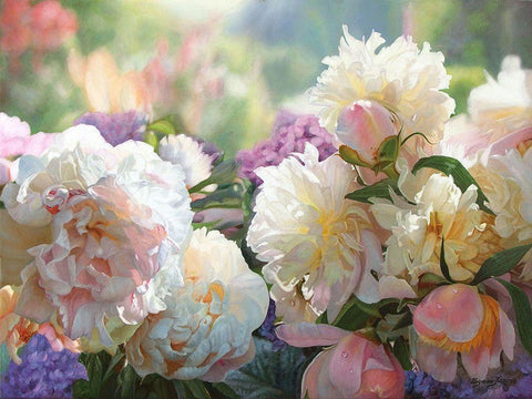 Peonies in the Morning Black Ornate Wood Framed Art Print with Double Matting by Kopania, Zbigniew