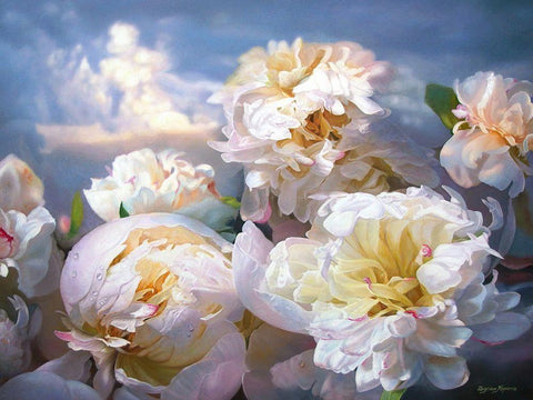 Luminous Peonies White Modern Wood Framed Art Print with Double Matting by Kopania, Zbigniew