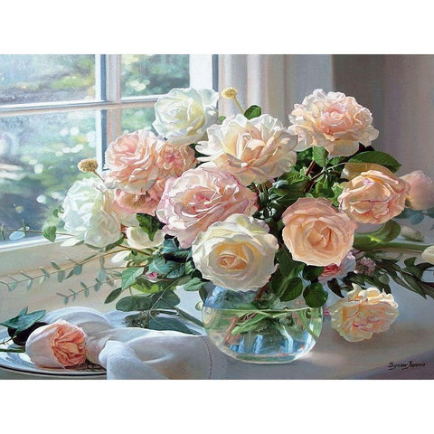 Roses in the Window White Modern Wood Framed Art Print by Kopania, Zbigniew