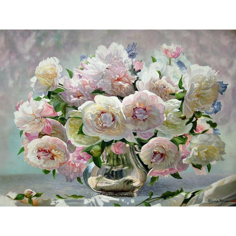 Peonies in Silver Pot I White Modern Wood Framed Art Print by Kopania, Zbigniew