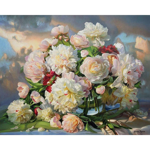 Peonies Dancing with the Clouds Gold Ornate Wood Framed Art Print with Double Matting by Kopania, Zbigniew