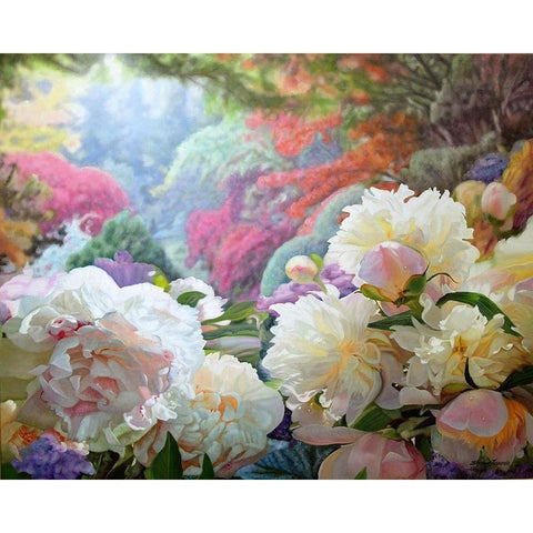 Peonies with Rhododendron Gold Ornate Wood Framed Art Print with Double Matting by Kopania, Zbigniew