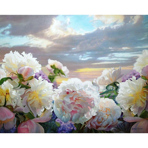 Peonies flirting with the Clouds White Modern Wood Framed Art Print by Kopania, Zbigniew