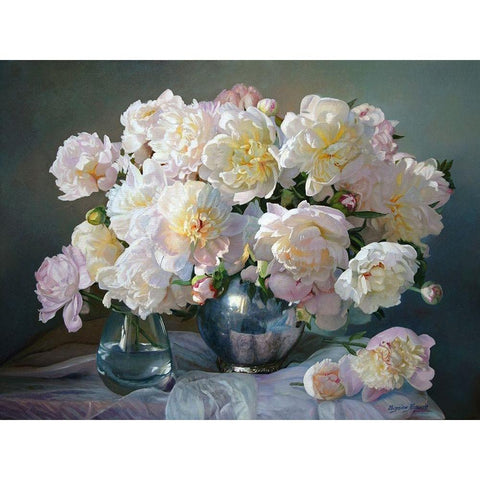 Peonies in Silver Pot III White Modern Wood Framed Art Print by Kopania, Zbigniew