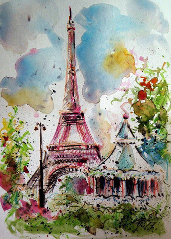 Eifell Tower White Modern Wood Framed Art Print with Double Matting by Kovacs, Anna Brigite