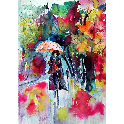 Under Umbrella with red dots White Modern Wood Framed Art Print by Kovacs, Anna Brigite