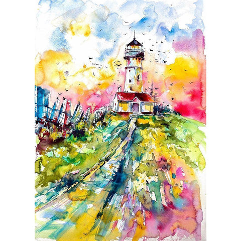 Lighthouse with Birds Black Modern Wood Framed Art Print by Kovacs, Anna Brigite