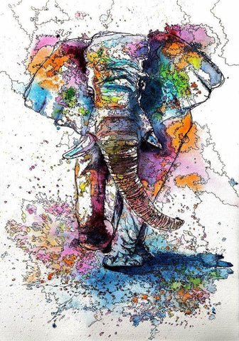 Walking Elephant White Modern Wood Framed Art Print with Double Matting by Kovacs, Anna Brigite