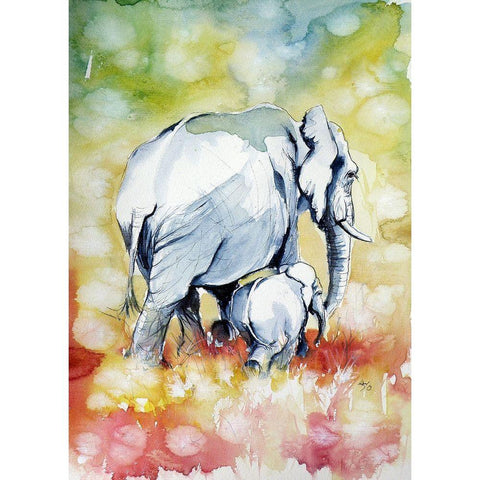 Elephant with Baby Black Modern Wood Framed Art Print by Kovacs, Anna Brigite