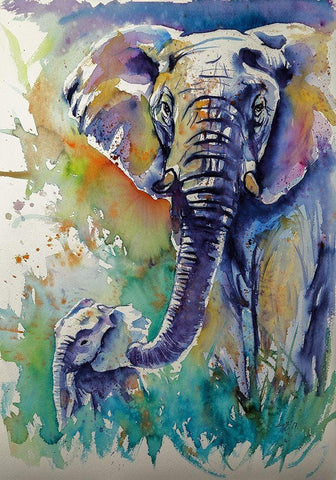 Majestic Elephant with Baby White Modern Wood Framed Art Print with Double Matting by Kovacs, Anna Brigite