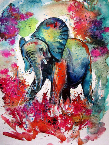 Happy Elephant II White Modern Wood Framed Art Print with Double Matting by Kovacs, Anna Brigite