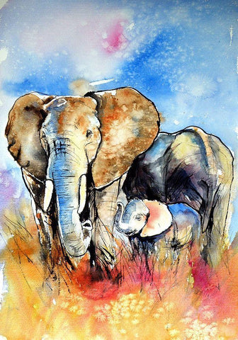 Elephant Family Black Ornate Wood Framed Art Print with Double Matting by Kovacs, Anna Brigite