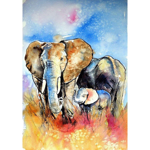 Elephant Family Black Modern Wood Framed Art Print by Kovacs, Anna Brigite