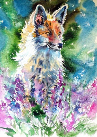 Red Fox with Lavender Black Ornate Wood Framed Art Print with Double Matting by Kovacs, Anna Brigite