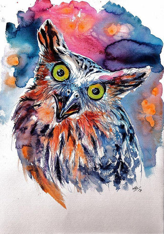 Owl Black Ornate Wood Framed Art Print with Double Matting by Kovacs, Anna Brigite