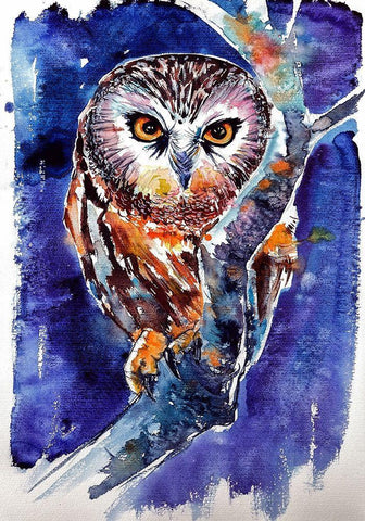 Owl at Night White Modern Wood Framed Art Print with Double Matting by Kovacs, Anna Brigite