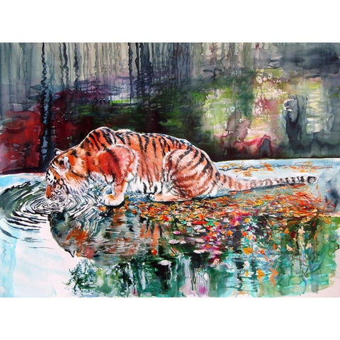 Tiger Drinking White Modern Wood Framed Art Print by Kovacs, Anna Brigite
