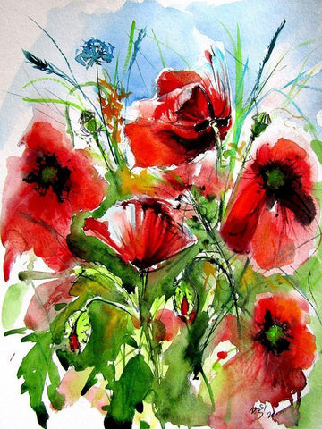 Red Poppies White Modern Wood Framed Art Print with Double Matting by Kovacs, Anna Brigite
