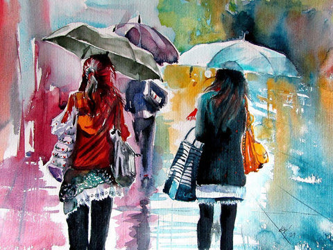 Rainy Day with Umbrellas II Black Ornate Wood Framed Art Print with Double Matting by Kovacs, Anna Brigite