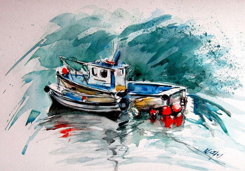 Shore with Boats White Modern Wood Framed Art Print with Double Matting by Kovacs, Anna Brigite