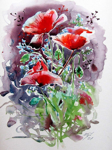 Beautiful Red Poppies White Modern Wood Framed Art Print with Double Matting by Kovacs, Anna Brigite