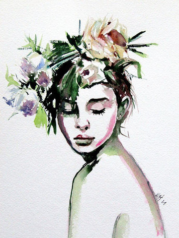 Beauty with Florals Black Ornate Wood Framed Art Print with Double Matting by Kovacs, Anna Brigite