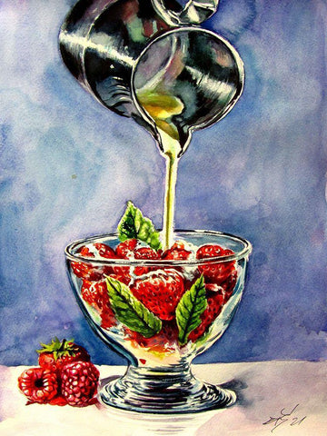 Still Life with Strawberries and Cream White Modern Wood Framed Art Print with Double Matting by Kovacs, Anna Brigite