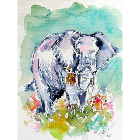 Elephant with Flowers Gold Ornate Wood Framed Art Print with Double Matting by Kovacs, Anna Brigite