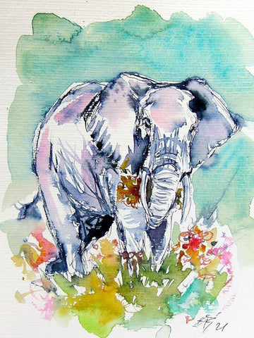 Elephant with Flowers White Modern Wood Framed Art Print with Double Matting by Kovacs, Anna Brigite