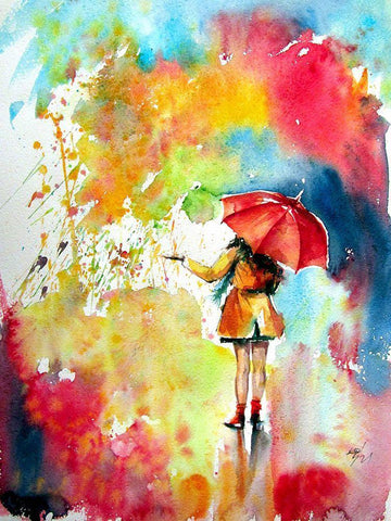 Colorful Rain with a Girl White Modern Wood Framed Art Print with Double Matting by Kovacs, Anna Brigite