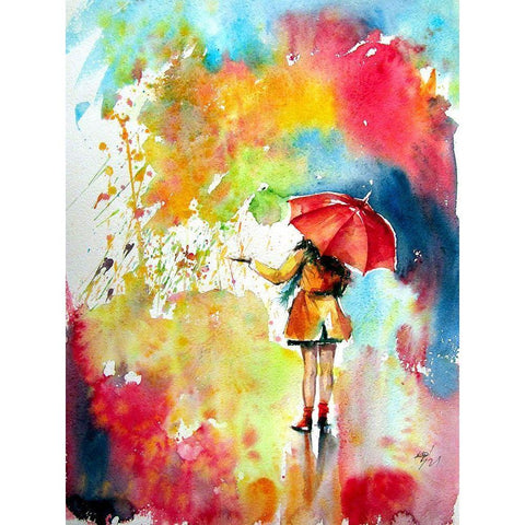 Colorful Rain with a Girl White Modern Wood Framed Art Print by Kovacs, Anna Brigite