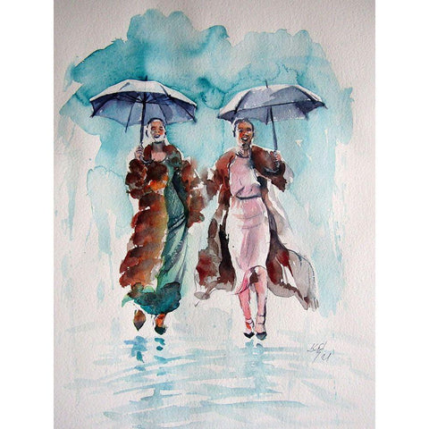 Girlfriends in the Rain Black Modern Wood Framed Art Print with Double Matting by Kovacs, Anna Brigite