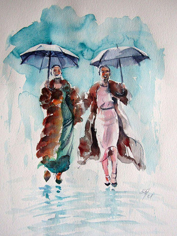 Girlfriends in the Rain White Modern Wood Framed Art Print with Double Matting by Kovacs, Anna Brigite