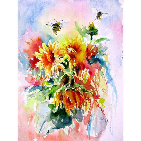 Sunflowers with Bees White Modern Wood Framed Art Print by Kovacs, Anna Brigite