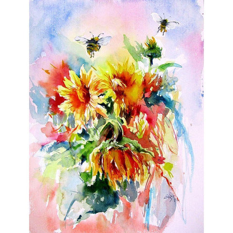 Sunflowers with Bees Black Modern Wood Framed Art Print with Double Matting by Kovacs, Anna Brigite